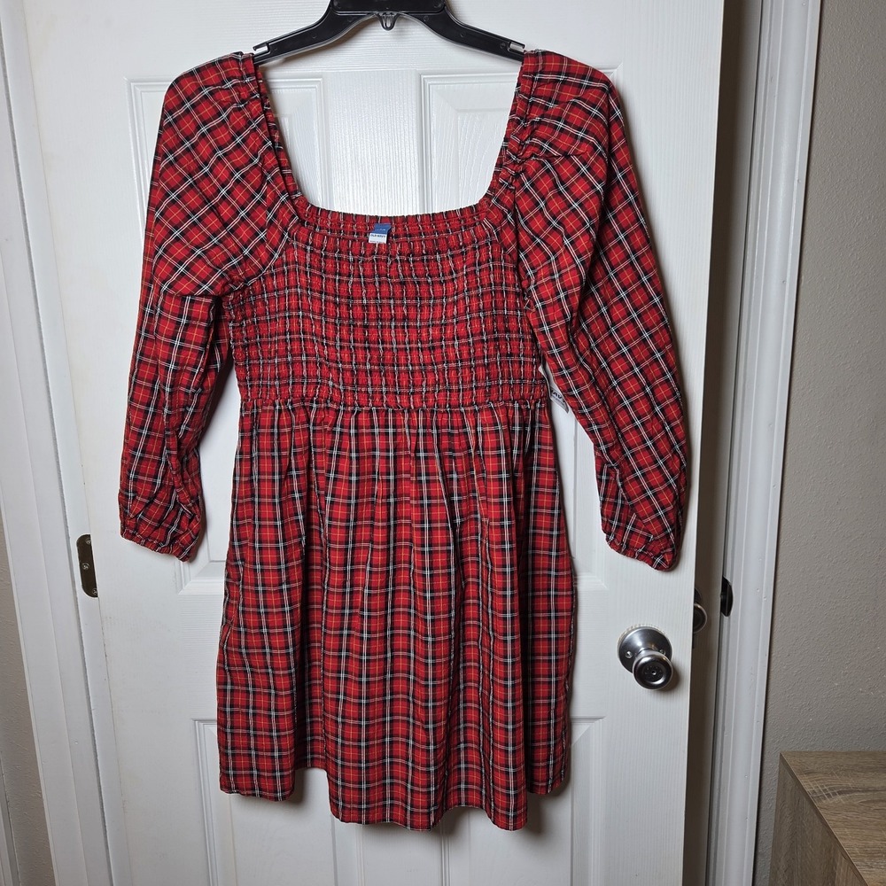 Old Navy sz L Petite red tartan plaid smock square neck dress NWT holiday party